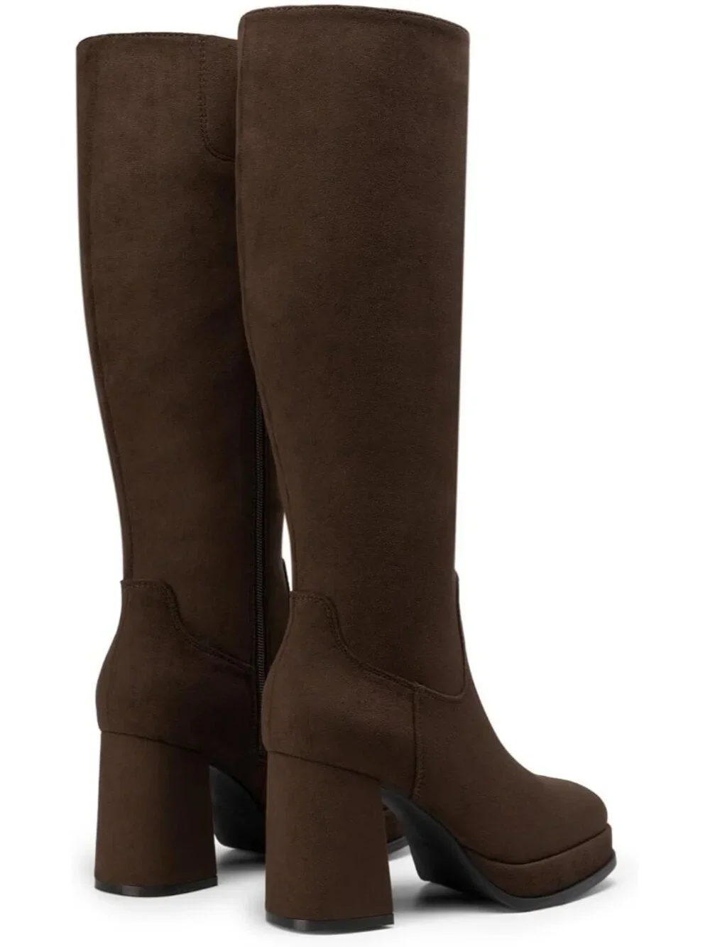 Women Brown Suede Chunky Heel Modern Square Toe Cushioned Insole Knee High Boots